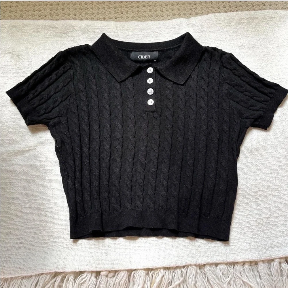 Cider Black Knit Polo Crop Top Sweater Short Sleeve Tee Size M Medium - Picture 2 of 4